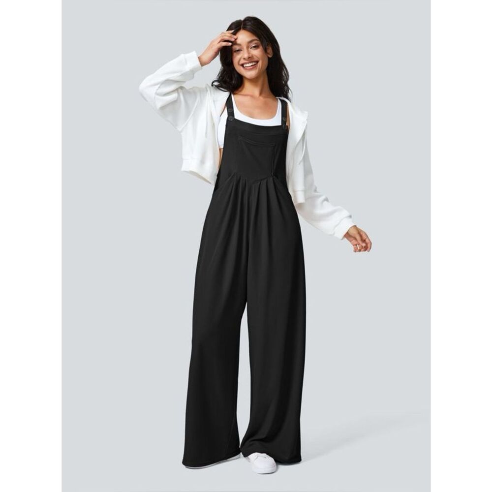 Halara Black Pockets Waffle Casual Wide Leg Overalls M Cottage Minimalist Cozy